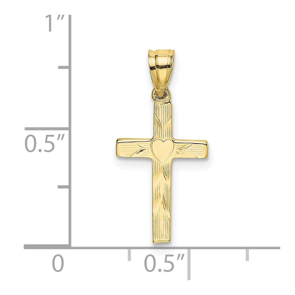 10K Yellow Gold Polished and Textured Cross with Heart Center Charm