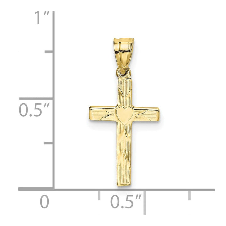 10K Yellow Gold Polished and Textured Cross with Heart Center Charm