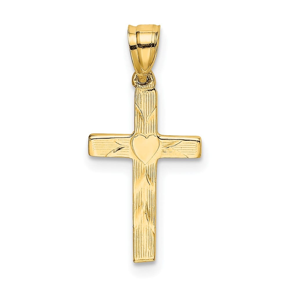 10K Yellow Gold Polished and Textured Cross with Heart Center Charm