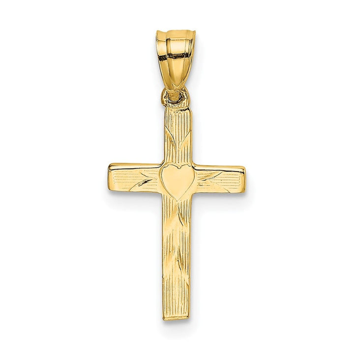 10K Yellow Gold Polished and Textured Cross with Heart Center Charm