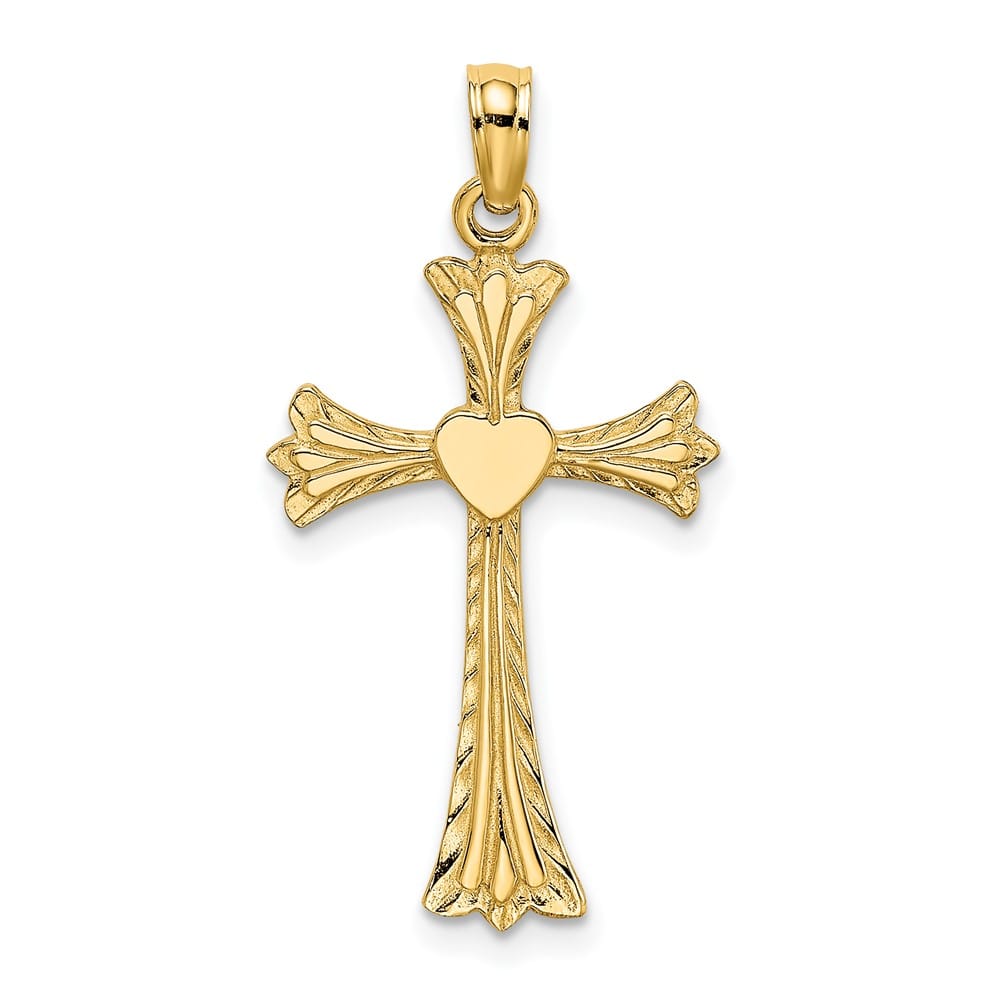 10K Yellow Gold Polished and Textured Medium Cross with Heart Charm
