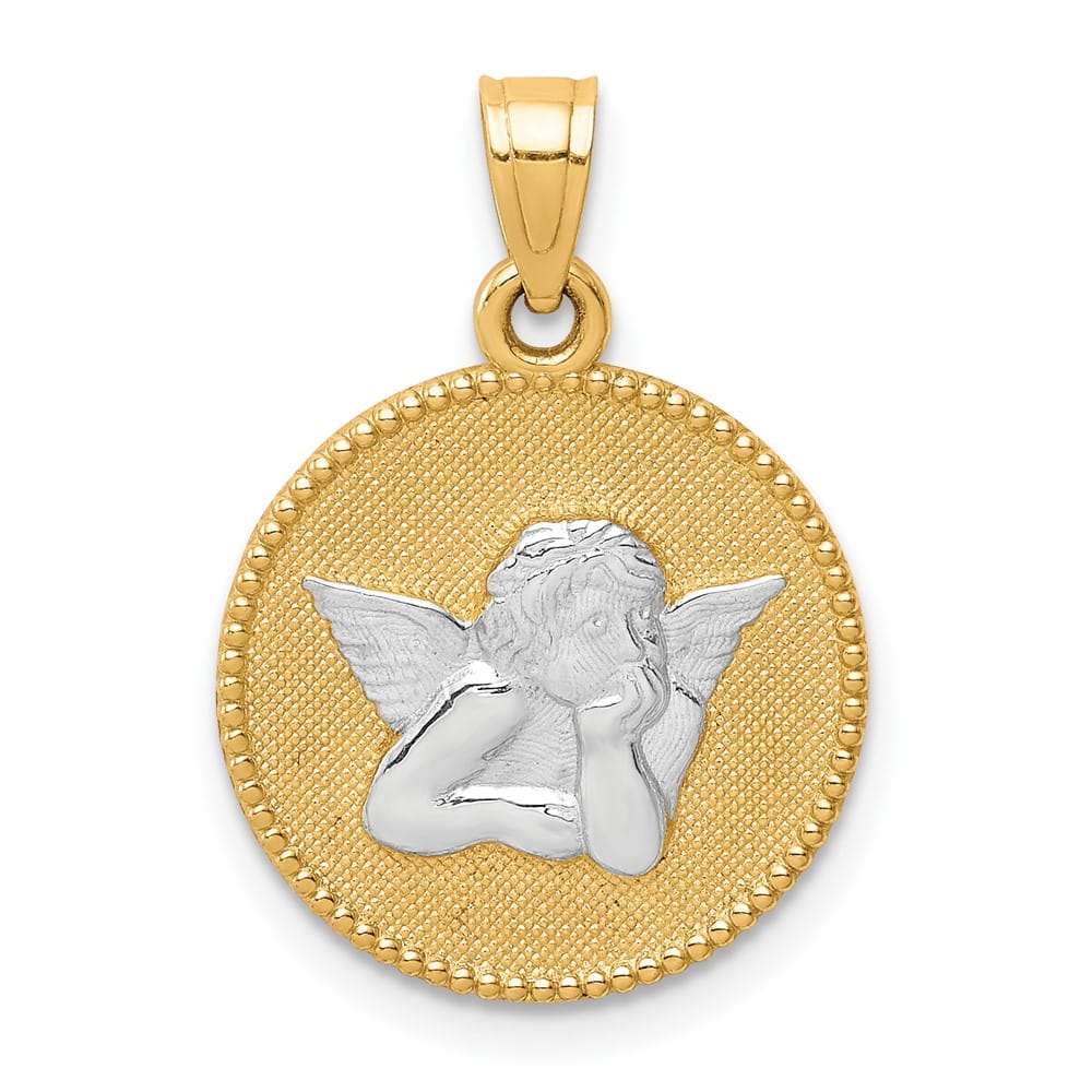 10K Yellow Gold Polished and Textured Round Angel Pendant