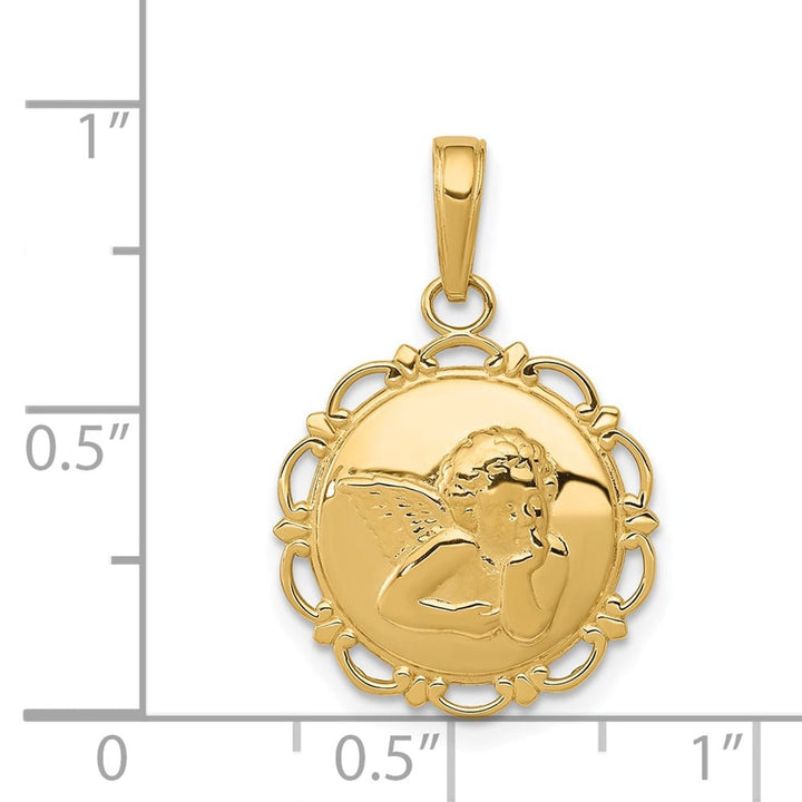 10K Yellow Gold Polished Angel/Cherub on Round Scalloped Frame Pendant