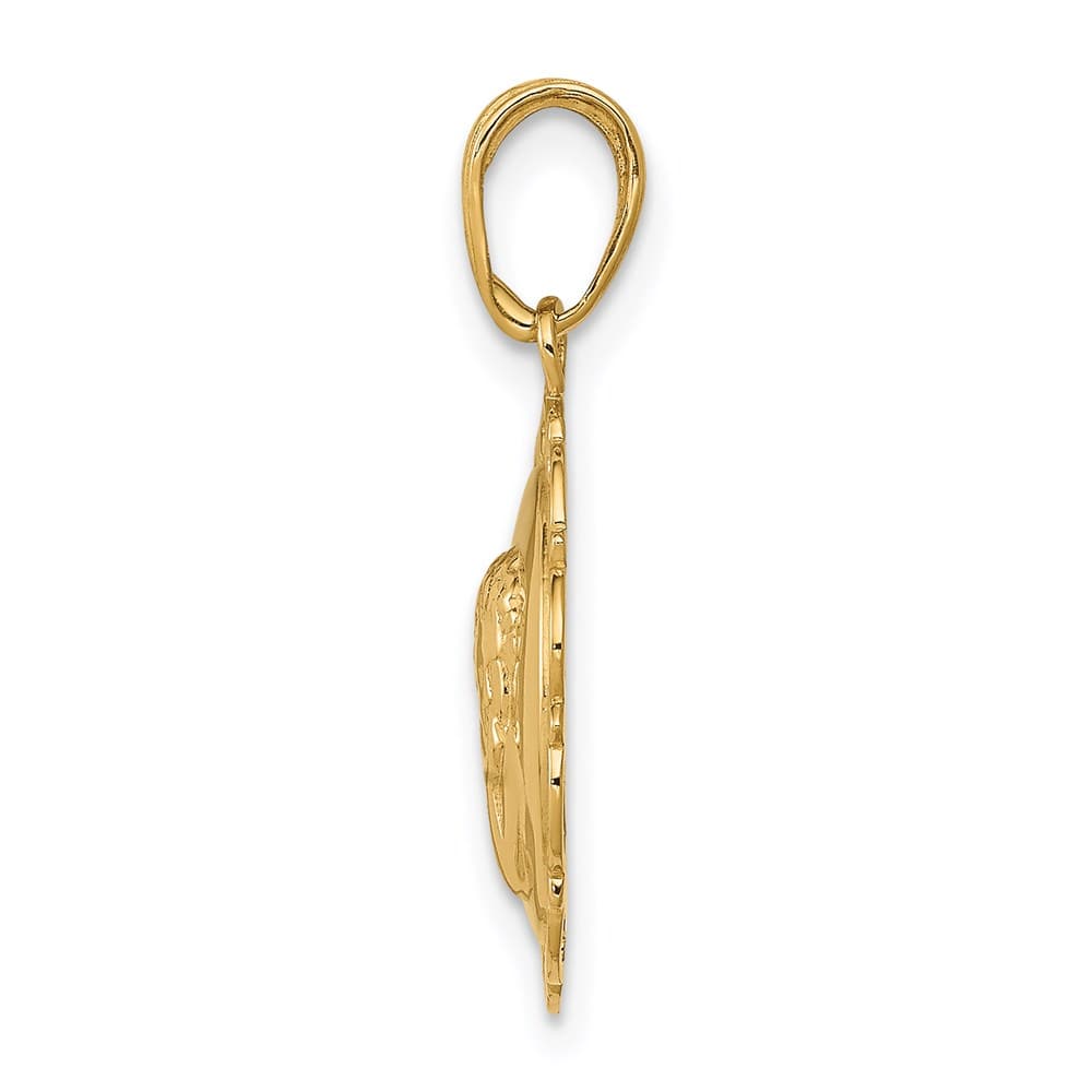 10K Yellow Gold Polished Angel/Cherub on Round Scalloped Frame Pendant