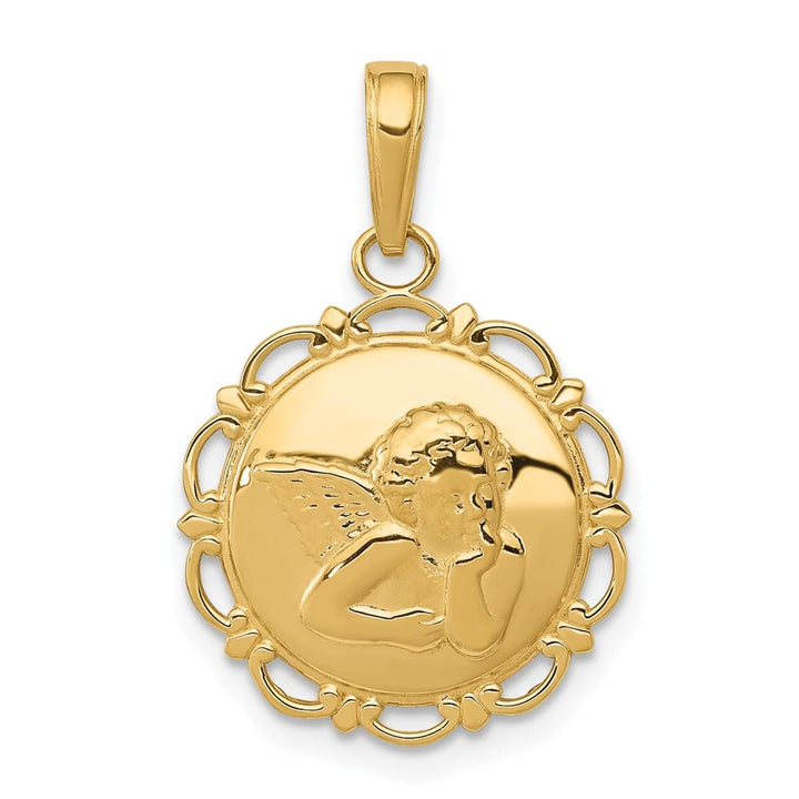 10K Yellow Gold Polished Angel/Cherub on Round Scalloped Frame Pendant