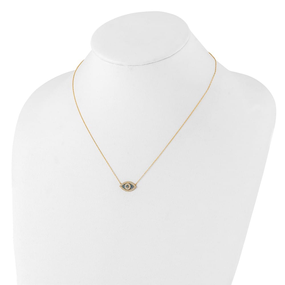 10K Yellow Gold Polished Blue and Clear CZ Evil Eye 16 inch Necklace