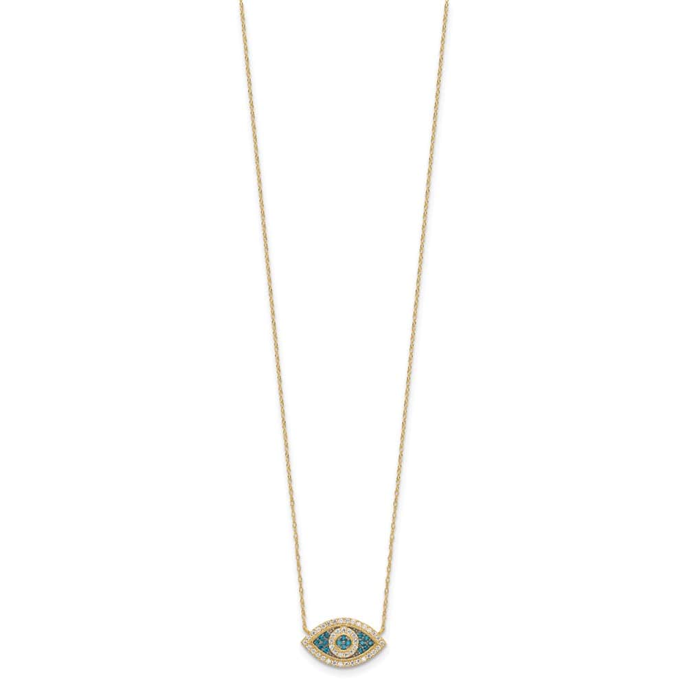 10K Yellow Gold Polished Blue and Clear CZ Evil Eye 16 inch Necklace