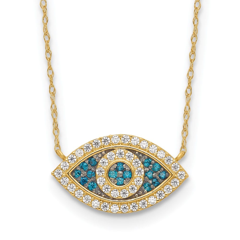 10K Yellow Gold Polished Blue and Clear CZ Evil Eye 16 inch Necklace