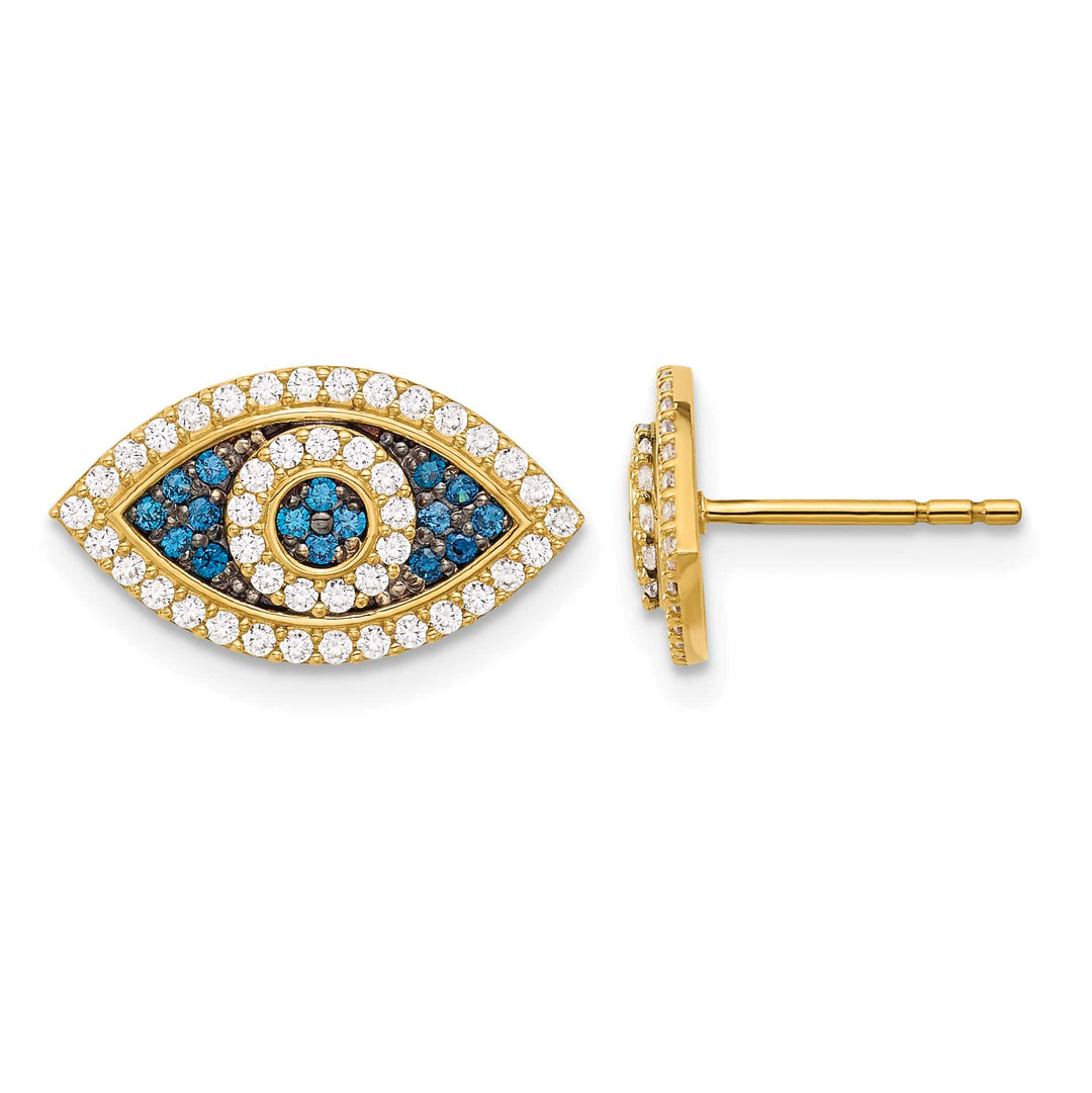 10k Yellow Gold Polished Blue and Clear CZ Evil Eye Post Earrings