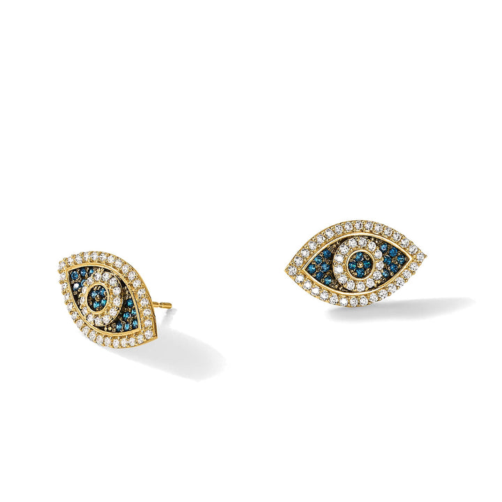 10k Yellow Gold Polished Blue and Clear CZ Evil Eye Post Earrings