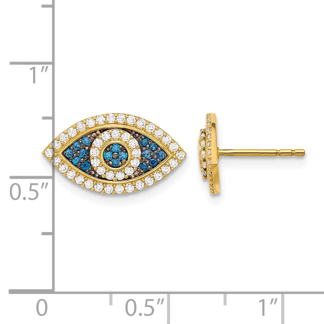 10k Yellow Gold Polished Blue and Clear CZ Evil Eye Post Earrings