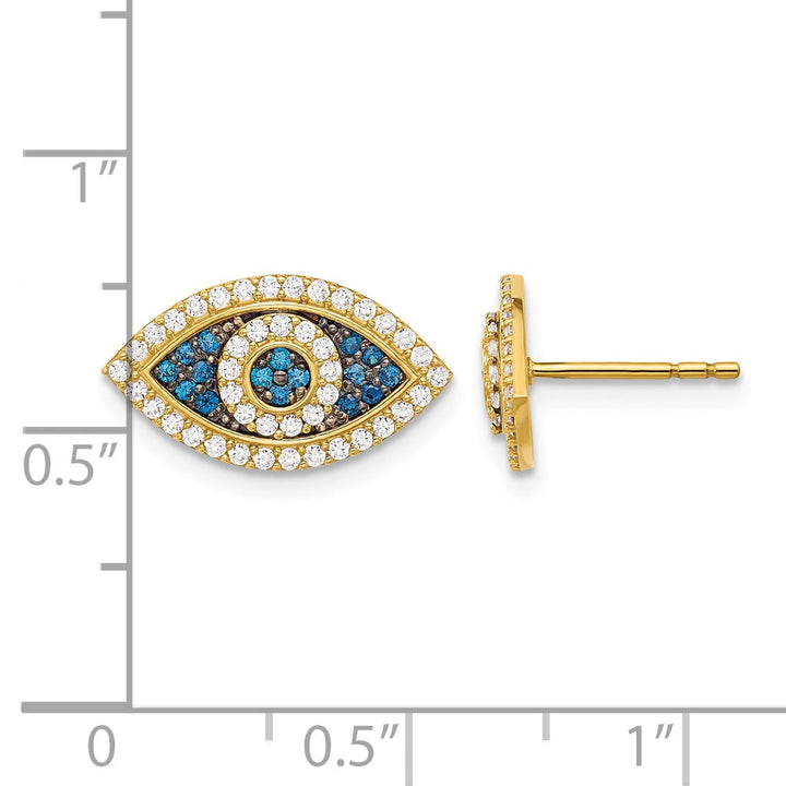 10k Yellow Gold Polished Blue and Clear CZ Evil Eye Post Earrings