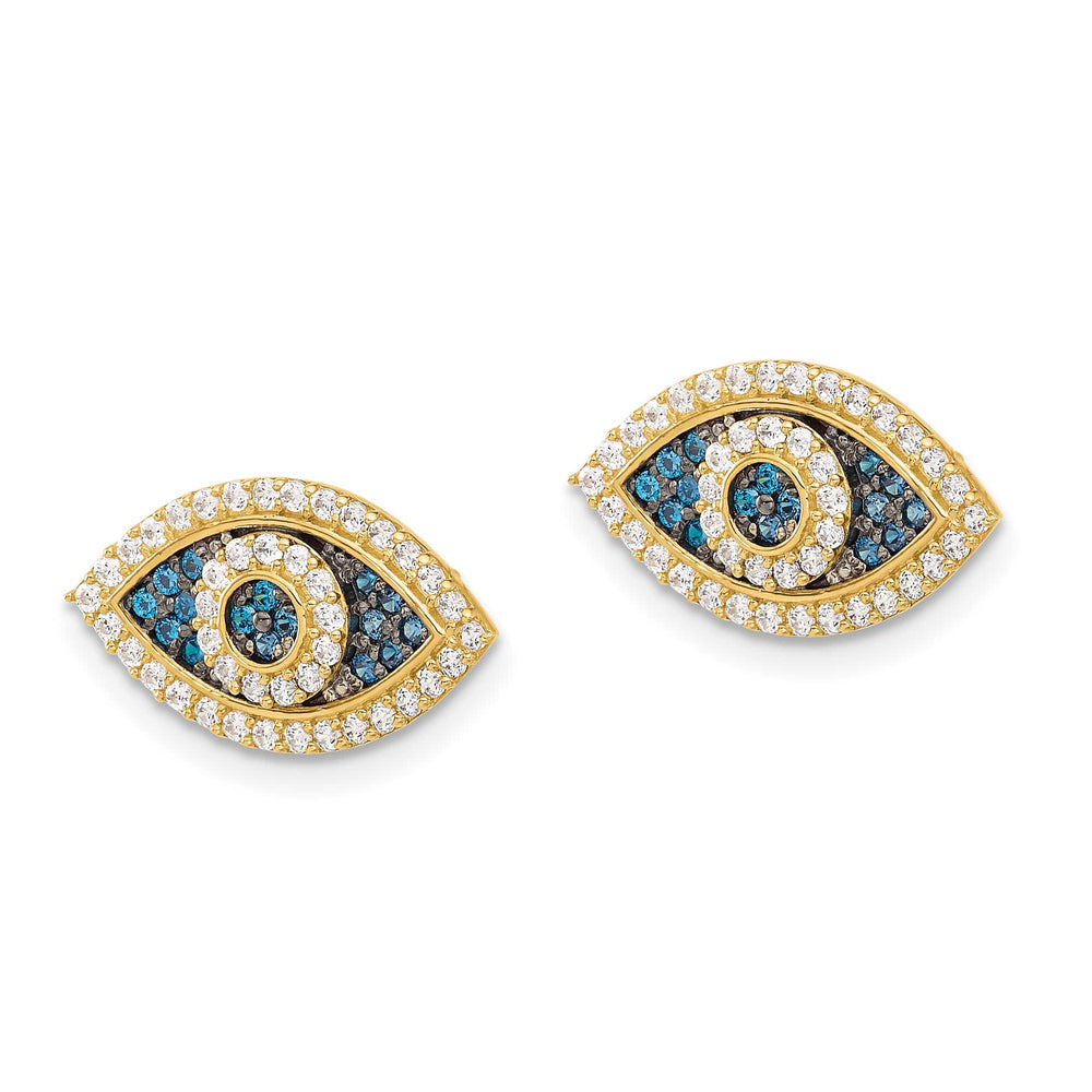 10k Yellow Gold Polished Blue and Clear CZ Evil Eye Post Earrings