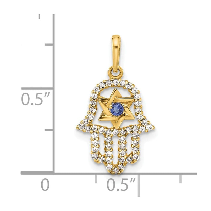 10K Yellow Gold Polished Blue and Clear CZ Star of David Hamsa Charm