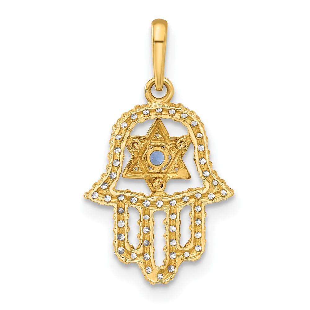 10K Yellow Gold Polished Blue and Clear CZ Star of David Hamsa Charm