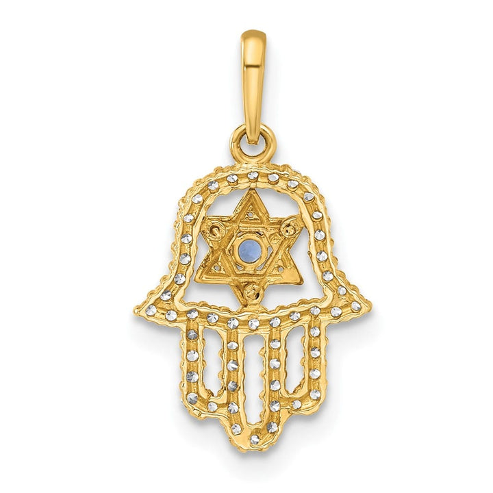 10K Yellow Gold Polished Blue and Clear CZ Star of David Hamsa Charm