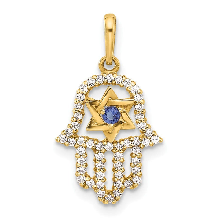 10K Yellow Gold Polished Blue and Clear CZ Star of David Hamsa Charm
