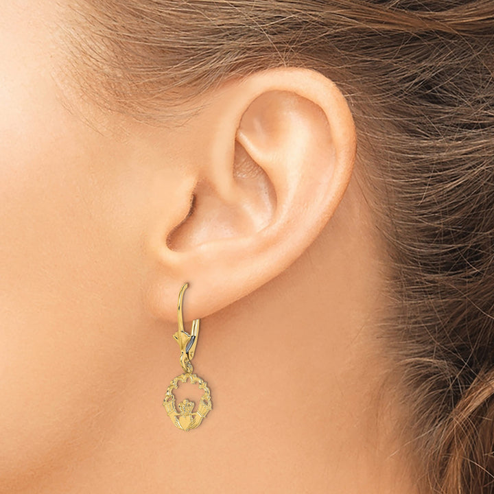 10k Yellow Gold Polished Claddagh Dangle Leverback Earrings