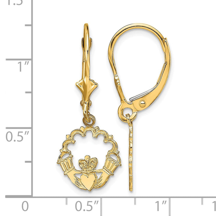 10k Yellow Gold Polished Claddagh Dangle Leverback Earrings