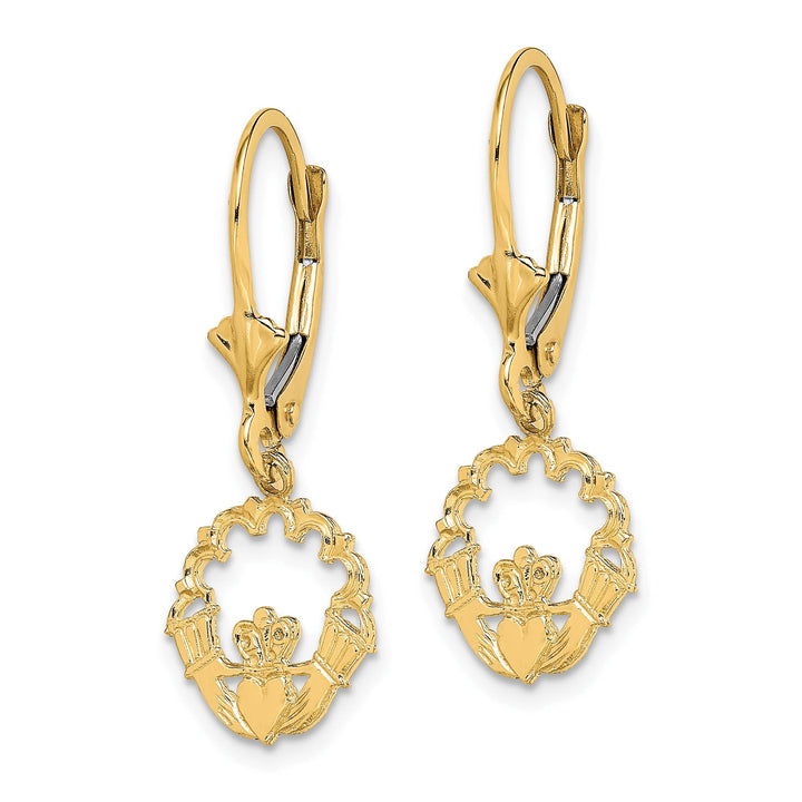 10k Yellow Gold Polished Claddagh Dangle Leverback Earrings