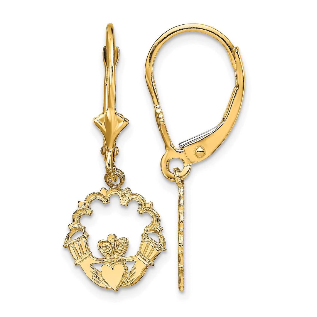 10k Yellow Gold Polished Claddagh Dangle Leverback Earrings