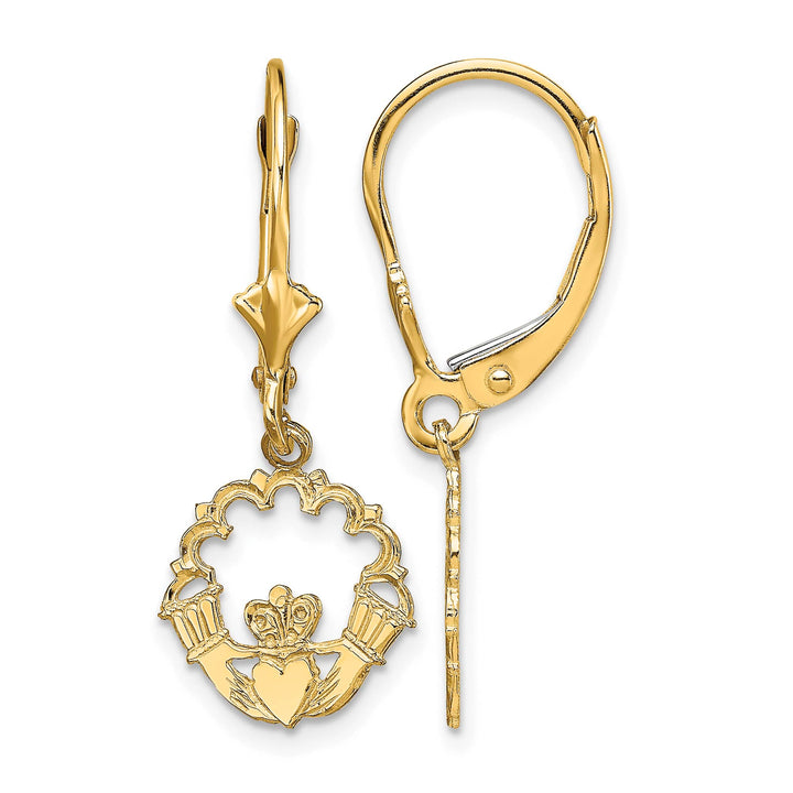 10k Yellow Gold Polished Claddagh Dangle Leverback Earrings