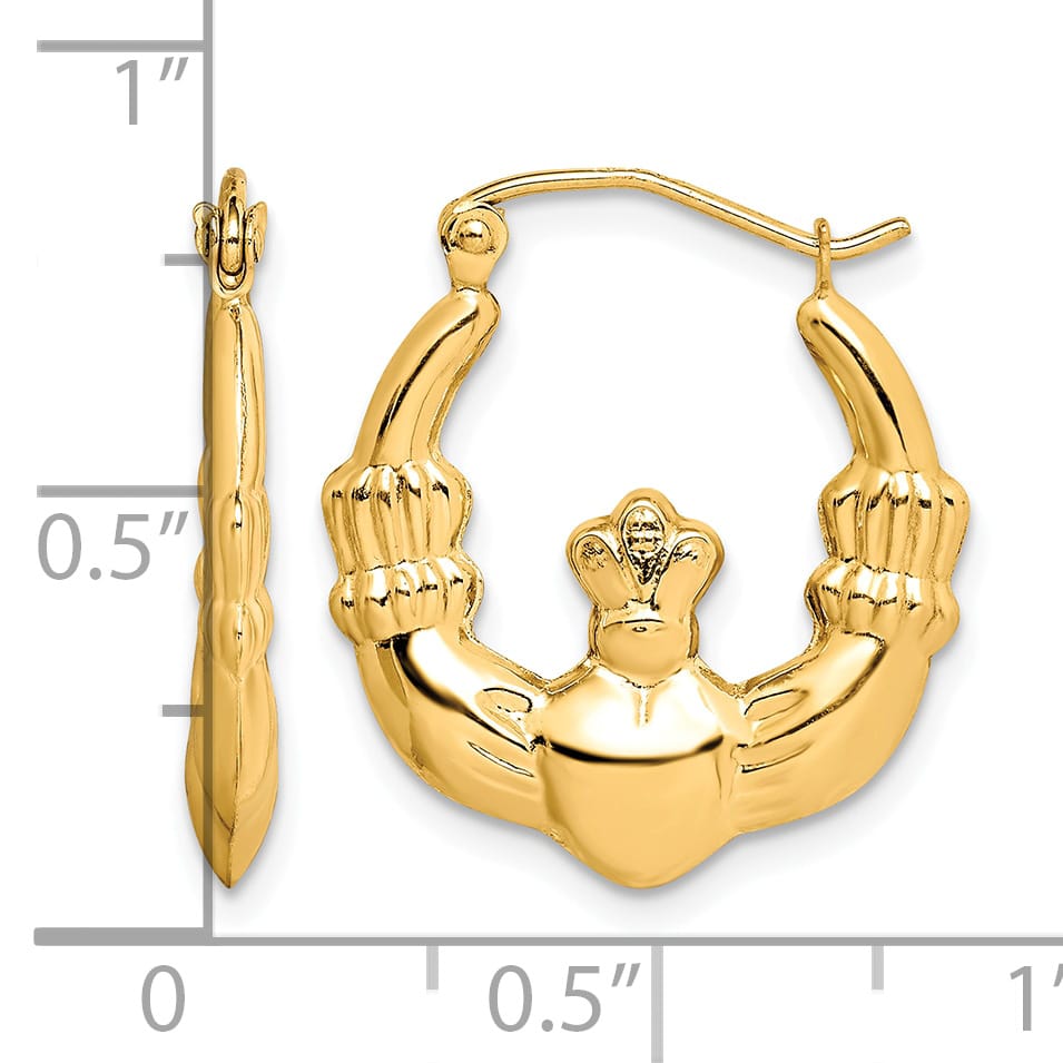 10k Yellow Gold Polished Claddagh Hoop Earrings, 21.25mm