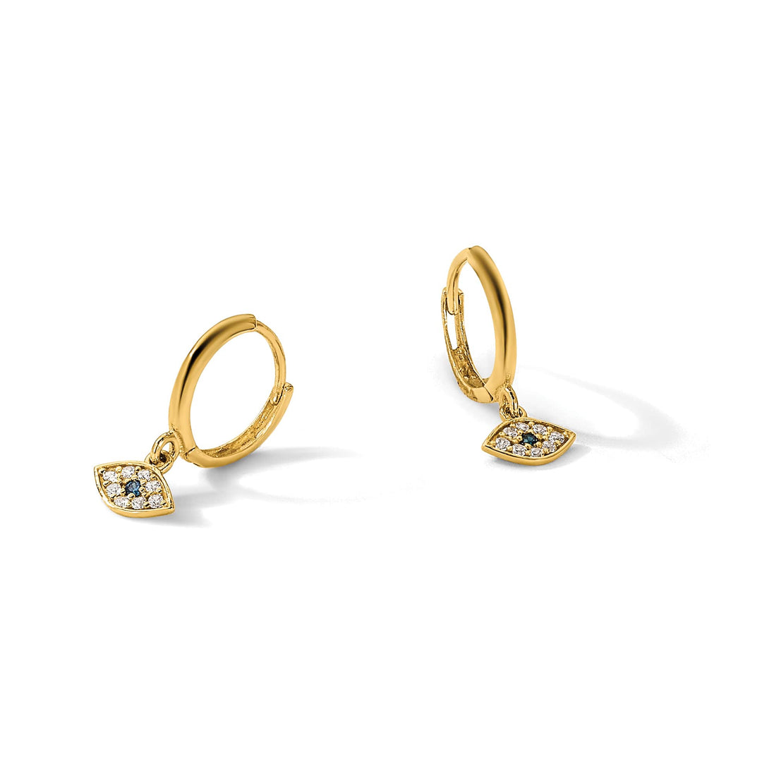 10k Yellow Gold Polished Clear and Blue CZ Dangle Evil Eye Hinged Hoop Earrings