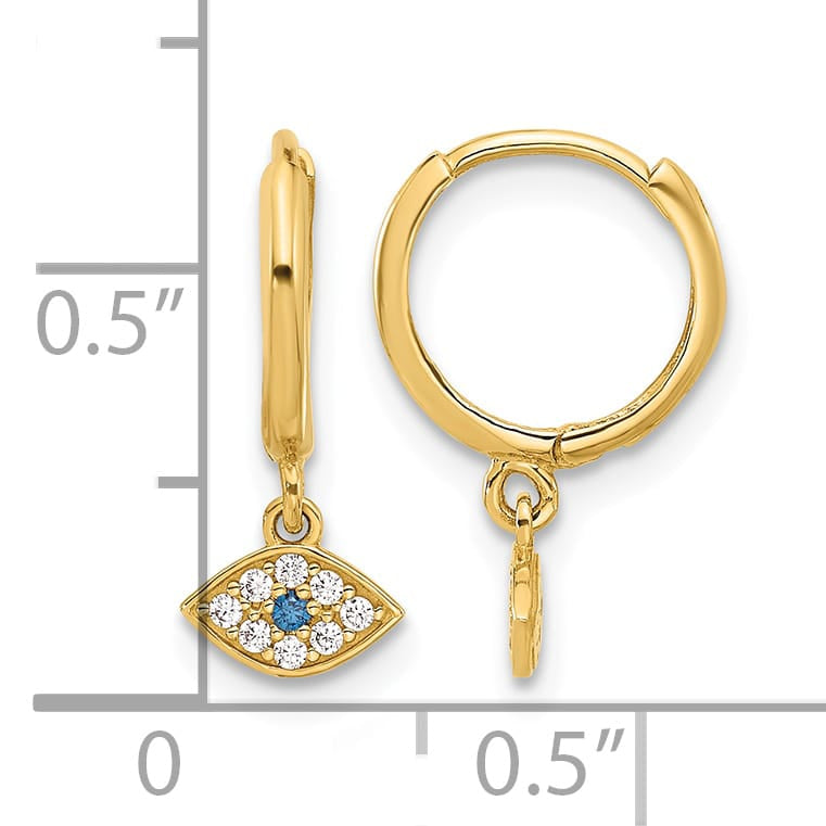 10k Yellow Gold Polished Clear and Blue CZ Dangle Evil Eye Hinged Hoop Earrings