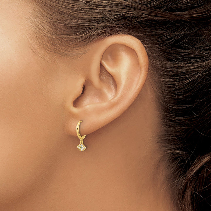 10k Yellow Gold Polished Clear and Blue CZ Dangle Evil Eye Hinged Hoop Earrings
