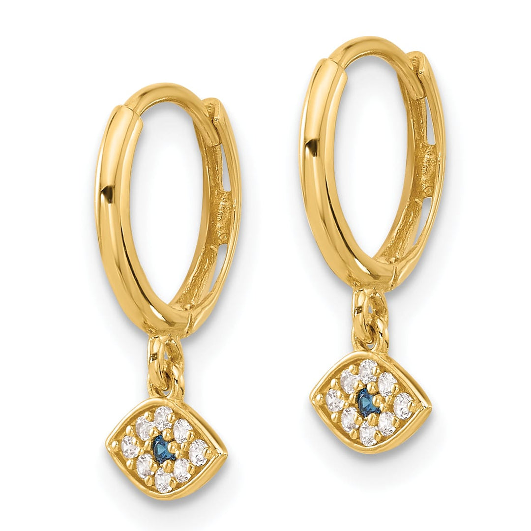 10k Yellow Gold Polished Clear and Blue CZ Dangle Evil Eye Hinged Hoop Earrings