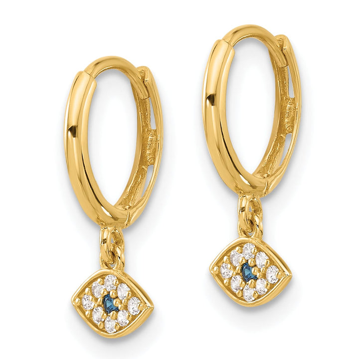 10k Yellow Gold Polished Clear and Blue CZ Dangle Evil Eye Hinged Hoop Earrings