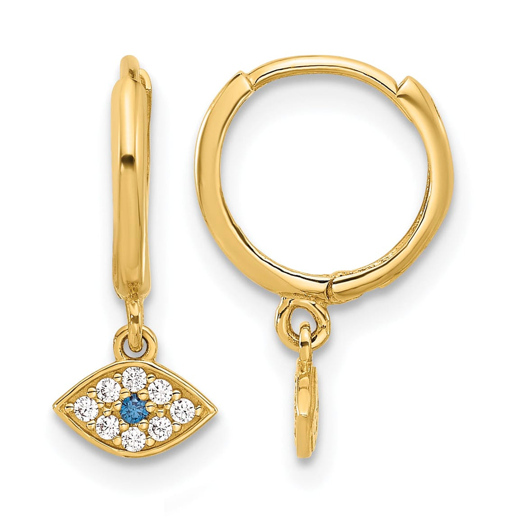 10k Yellow Gold Polished Clear and Blue CZ Dangle Evil Eye Hinged Hoop Earrings