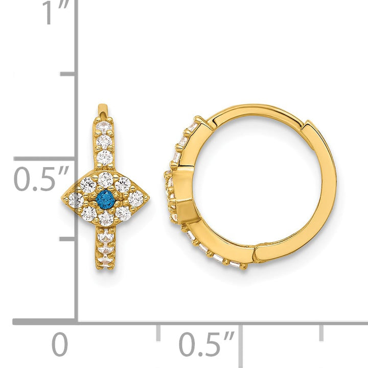 10k Yellow Gold Polished Clear and Blue CZ Evil Eye Hinged Hoop Earrings