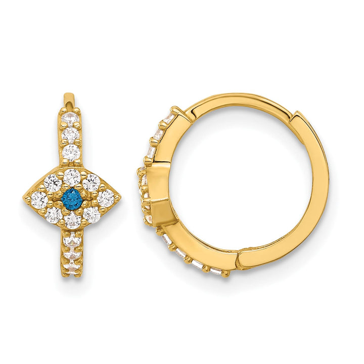 10k Yellow Gold Polished Clear and Blue CZ Evil Eye Hinged Hoop Earrings