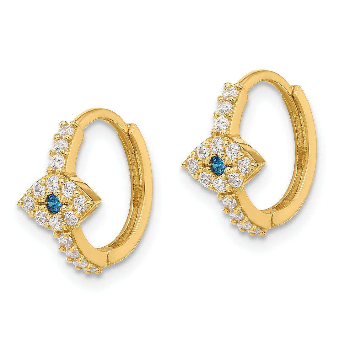 10k Yellow Gold Polished Clear and Blue CZ Evil Eye Hinged Hoop Earrings