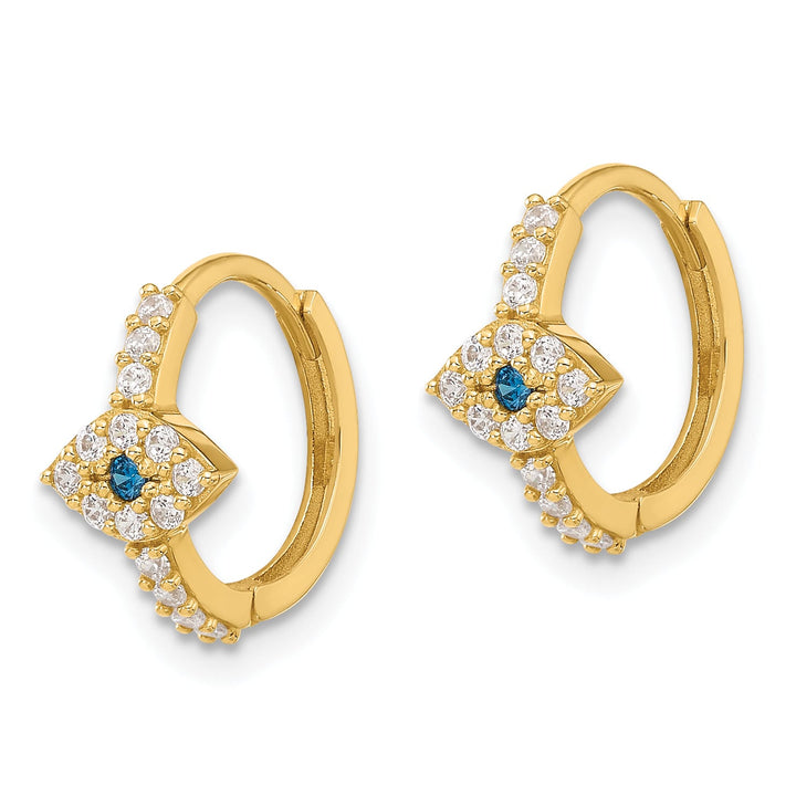 10k Yellow Gold Polished Clear and Blue CZ Evil Eye Hinged Hoop Earrings