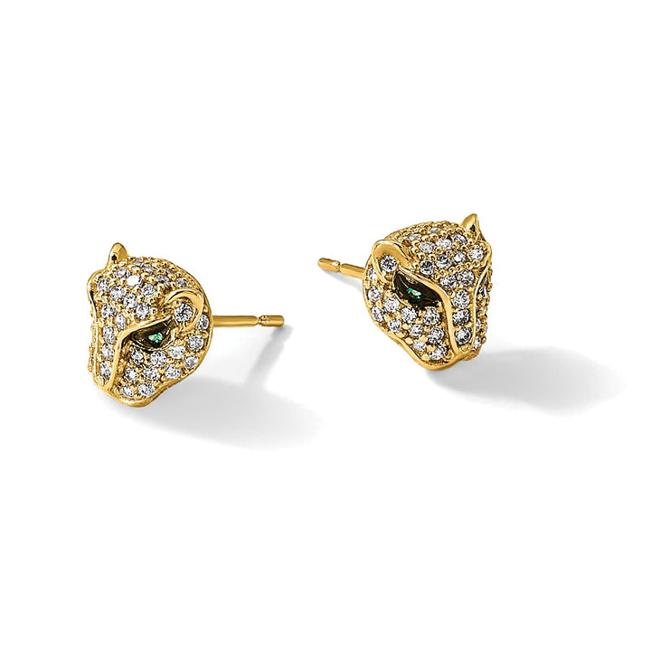 10k Yellow Gold Polished Clear and Green CZ Lioness Head Post Earrings