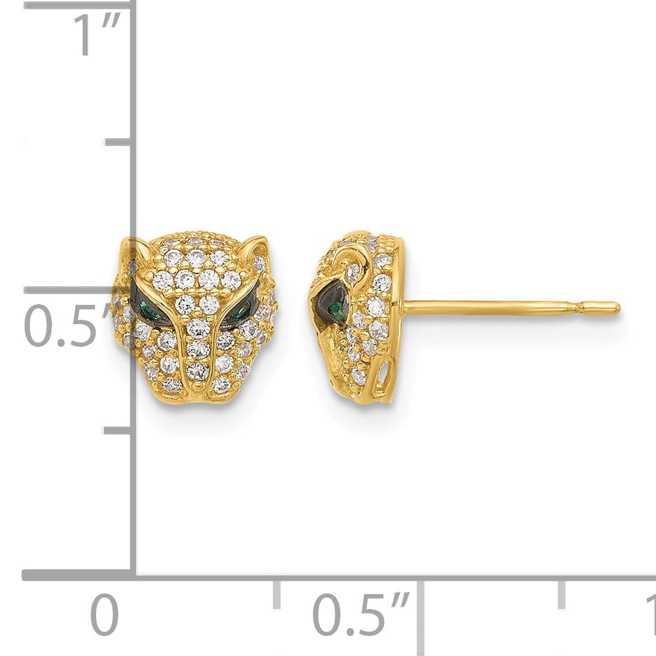 10k Yellow Gold Polished Clear and Green CZ Lioness Head Post Earrings