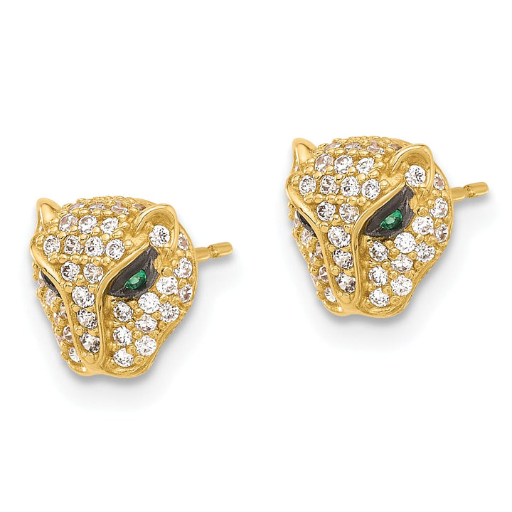10k Yellow Gold Polished Clear and Green CZ Lioness Head Post Earrings