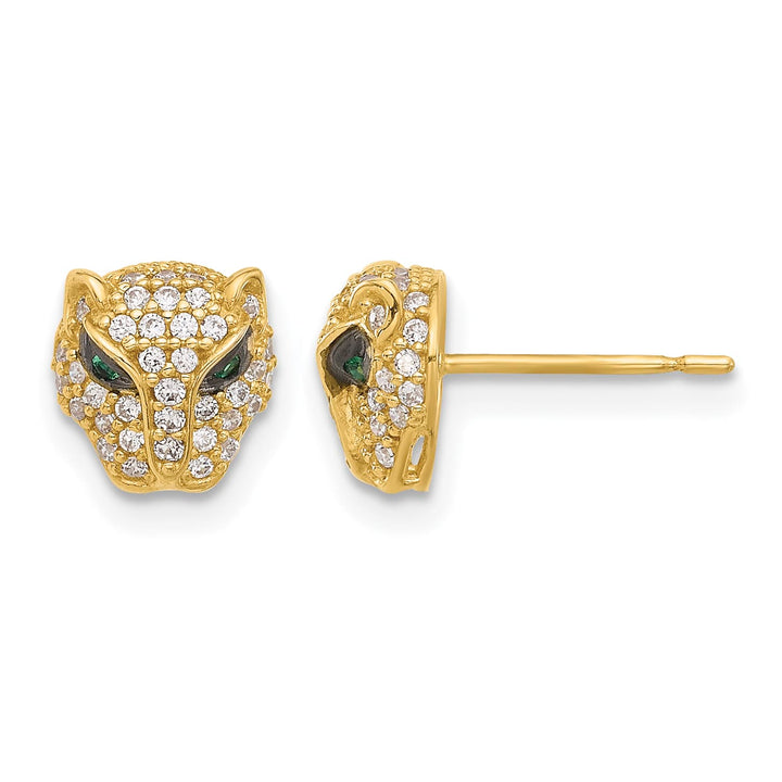 10k Yellow Gold Polished Clear and Green CZ Lioness Head Post Earrings
