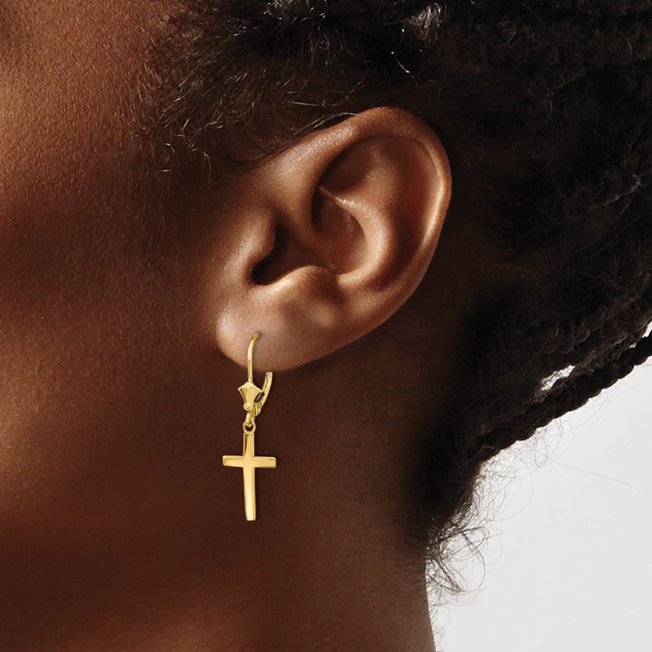 10k Yellow Gold Polished Cross Dangle Leverback Earrings
