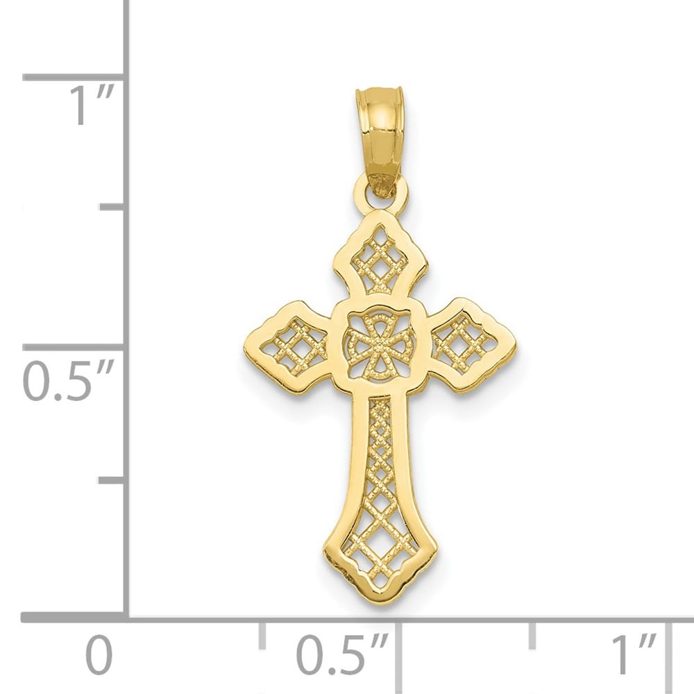 10K Yellow Gold Polished Cross with Lace Center and Arrow Tips Pendant