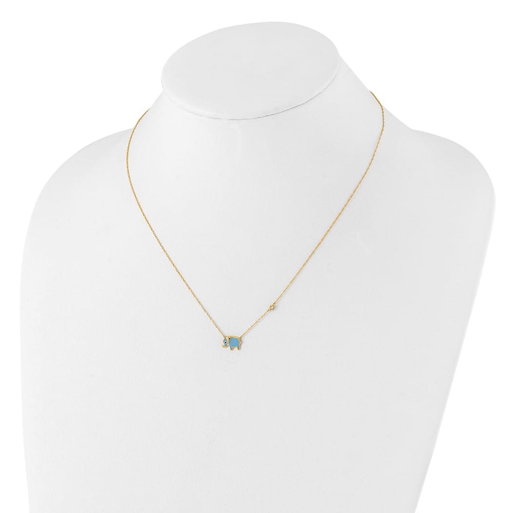 10K Yellow Gold Polished CZ Enameled Elephant 18 inch Necklace