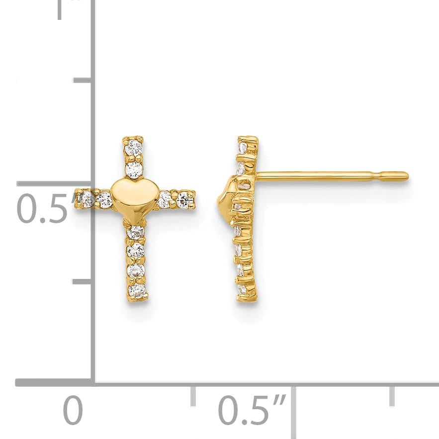 10k Yellow Gold Polished CZ Heart Center Cross Post Earrings