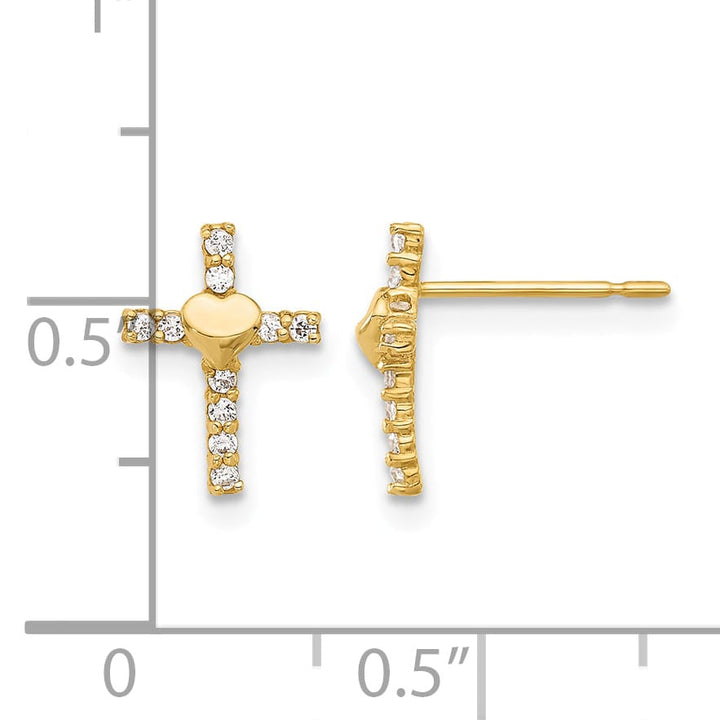 10k Yellow Gold Polished CZ Heart Center Cross Post Earrings