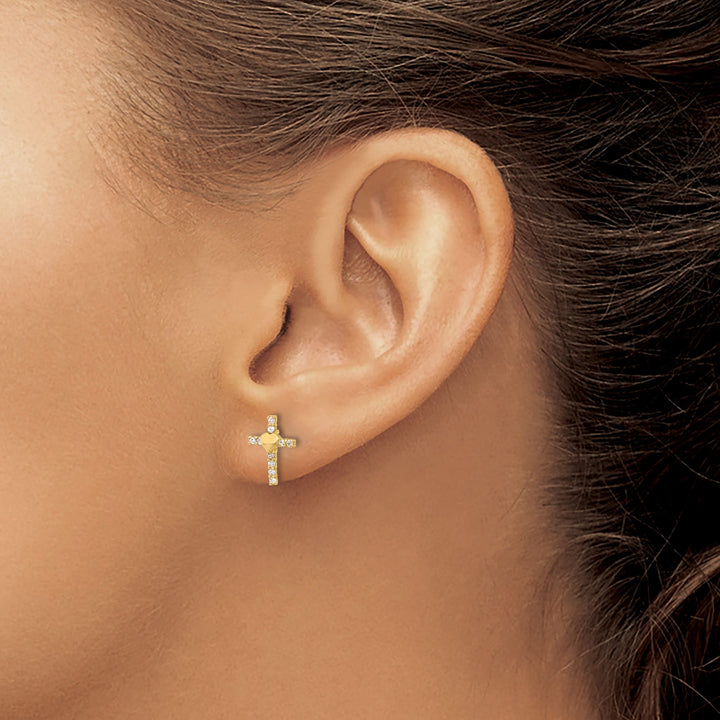 10k Yellow Gold Polished CZ Heart Center Cross Post Earrings
