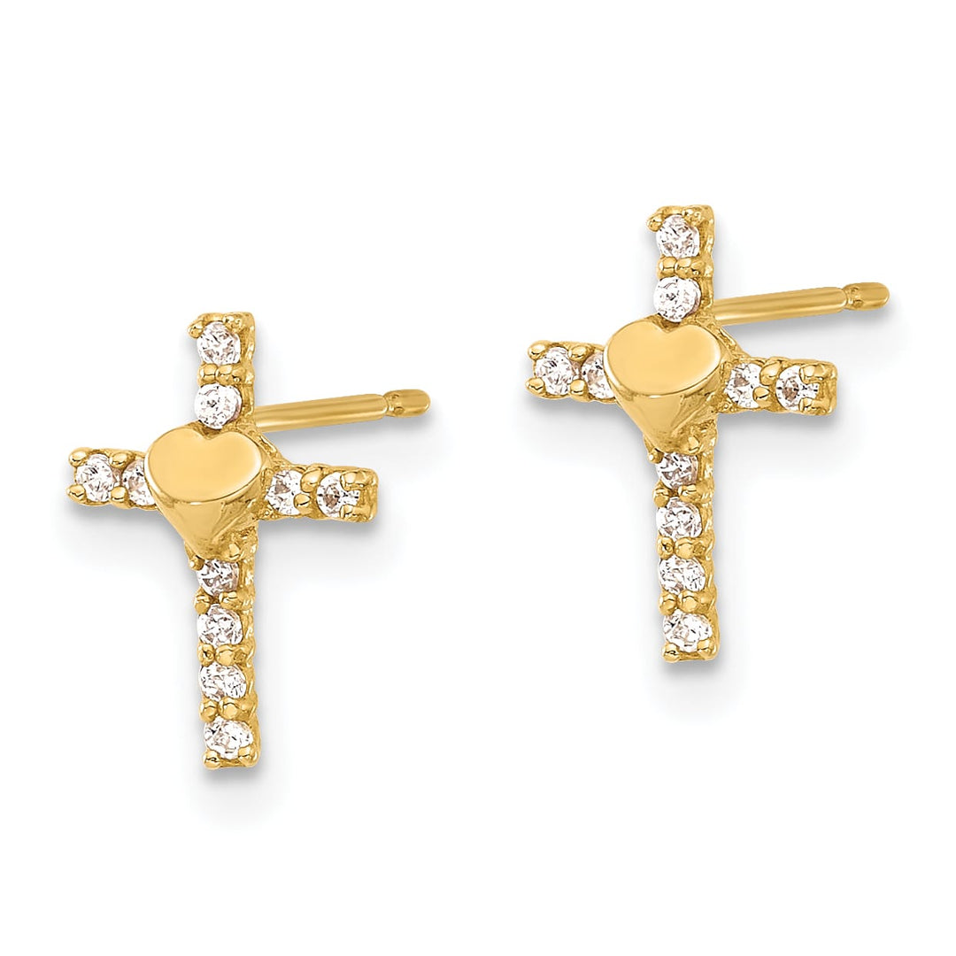 10k Yellow Gold Polished CZ Heart Center Cross Post Earrings