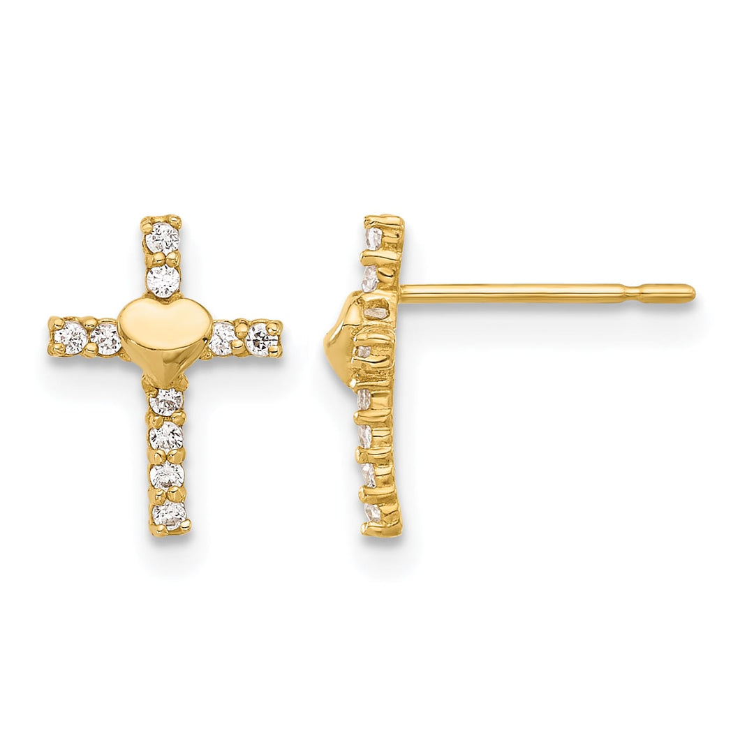 10k Yellow Gold Polished CZ Heart Center Cross Post Earrings