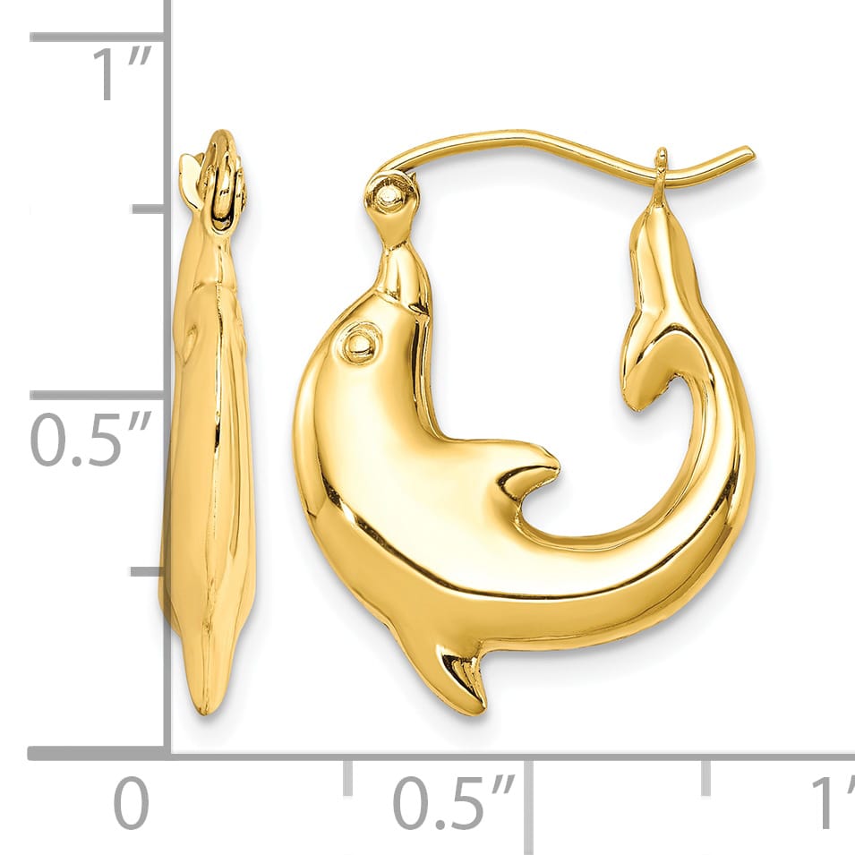10k Yellow Gold Polished Dolphin Hoop Earrings
